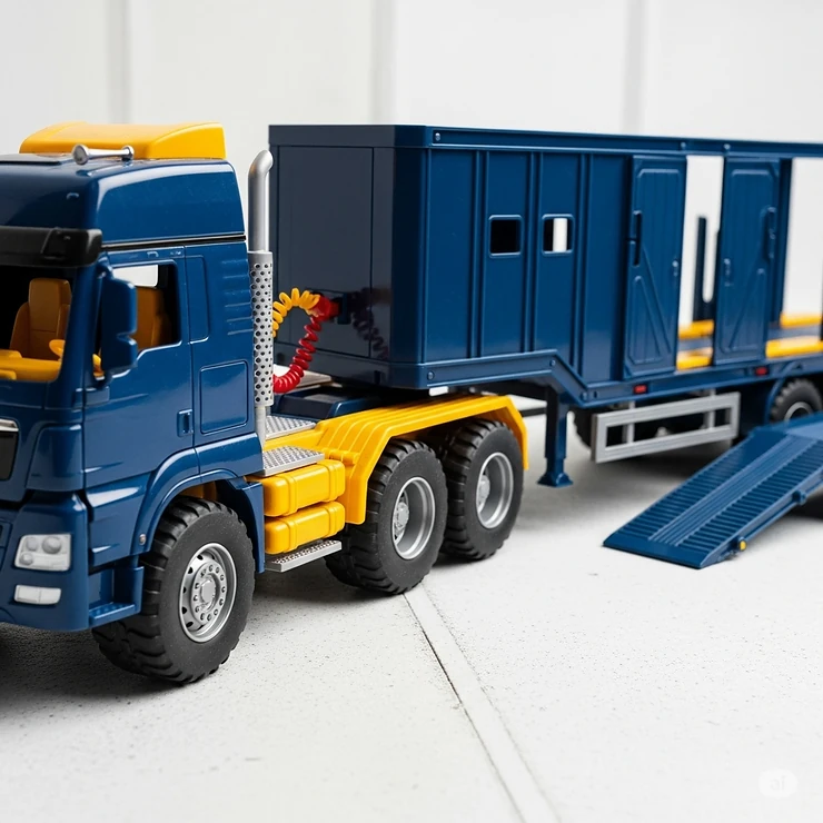 A close-up of a durable, high-quality toy big truck and trailer set, emphasizing its robust construction designed for long-lasting play.