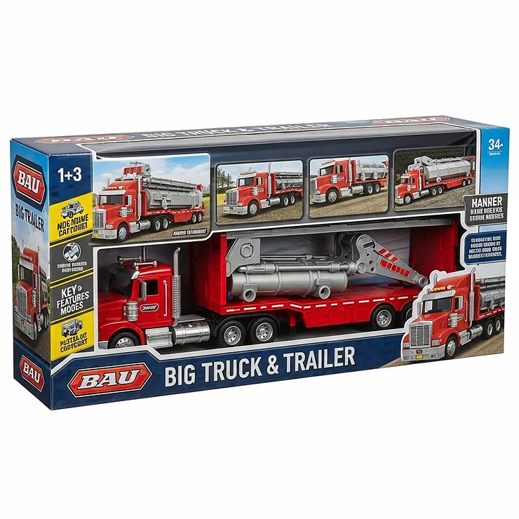The retail packaging of a popular toy big truck and trailer model, showcasing its branding and key features for potential buyers.