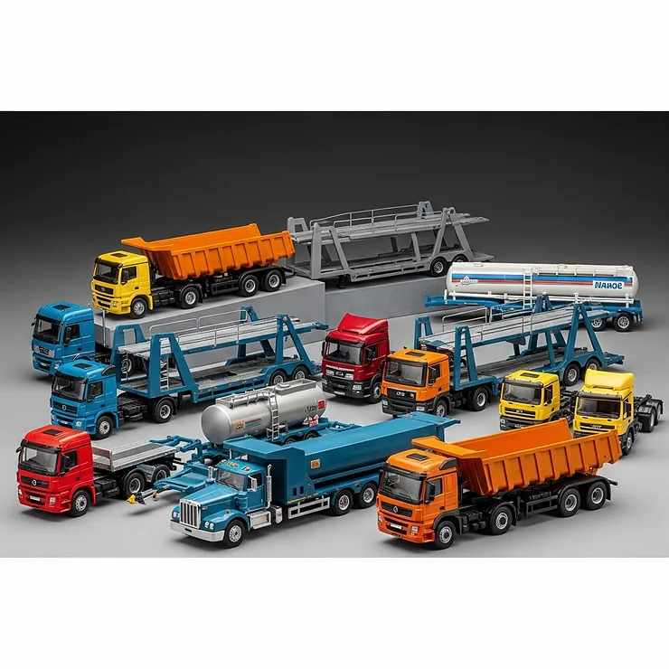 An organized display of a complete toy truck and trailer set, featuring various types like dump trucks, car carriers, and tankers, appealing to collectors of toy big trucks and trailers.