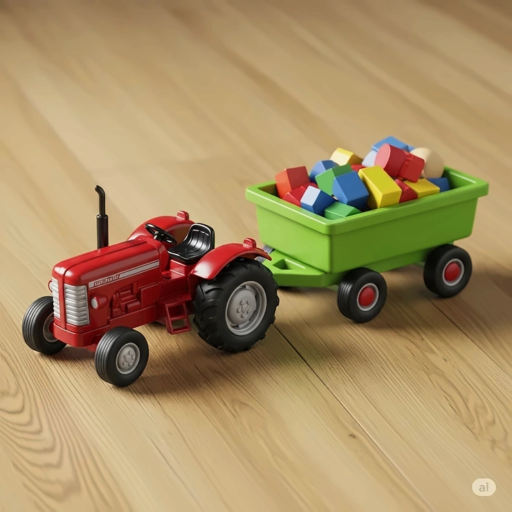 A vibrant red toy tractor pulling a green toy trailer, loaded with small wooden blocks, sitting on a natural wood floor.
