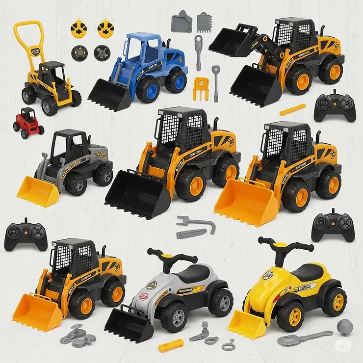 Collection of various toy skid loader types, including small push-along models, larger remote control versions, and ride-on toy skid loaders for different ages.