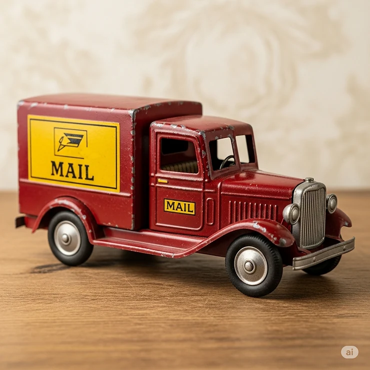 A classic vintage mail truck toy, reminiscent of bygone eras, appealing to collectors of antique children's playthings.