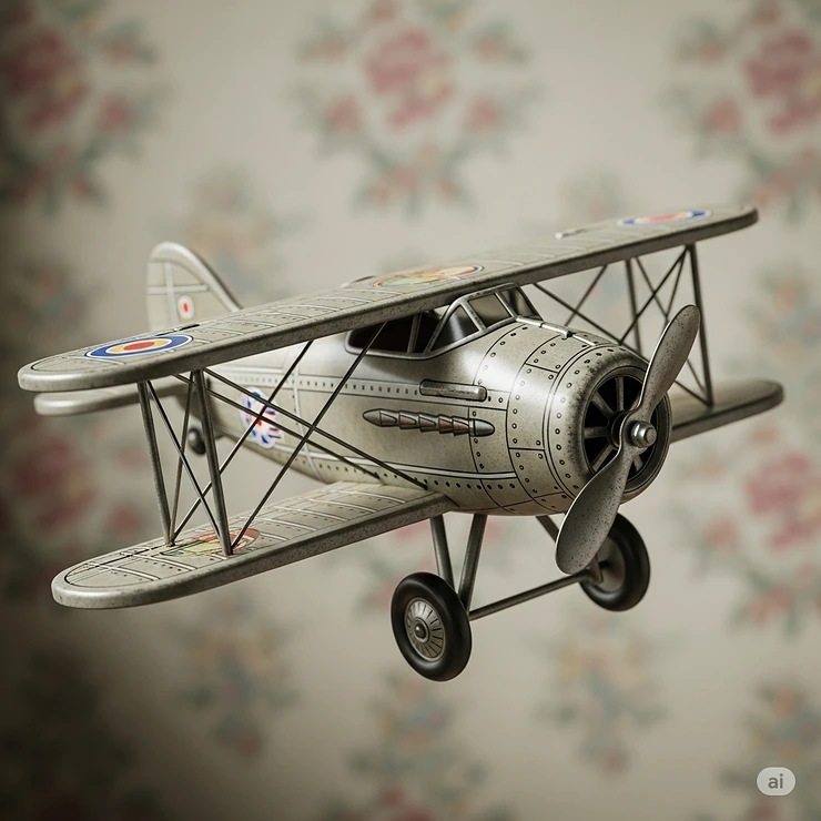 A classic, vintage tin flying aeroplane toy with intricate details, evoking a sense of nostalgia.