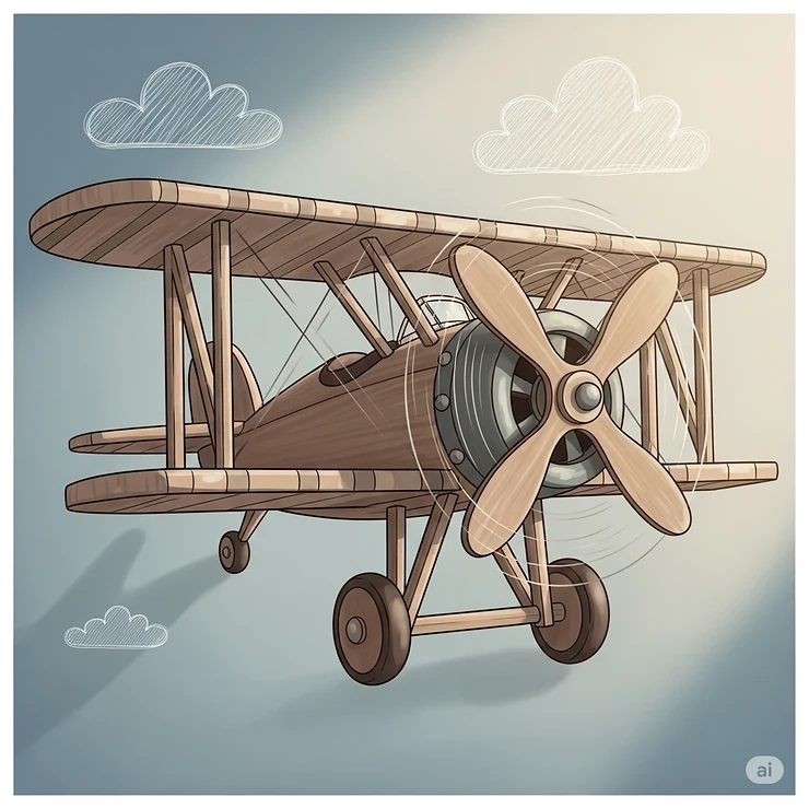 An illustration of a classic, vintage-style biplane toy airplane, evoking nostalgia for traditional flying toys.