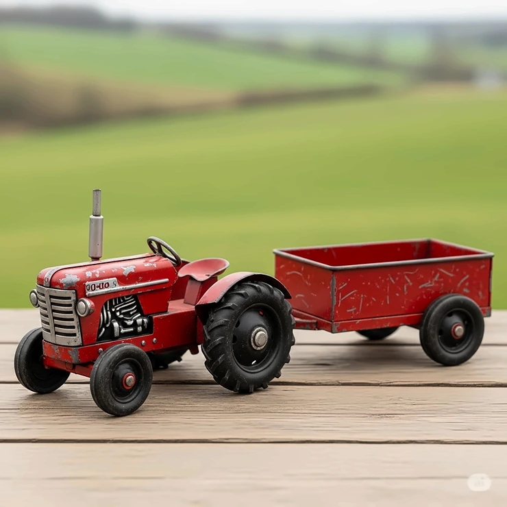 A classic, vintage-style metal tractor toy with a matching trailer, showing charming signs of age and play.