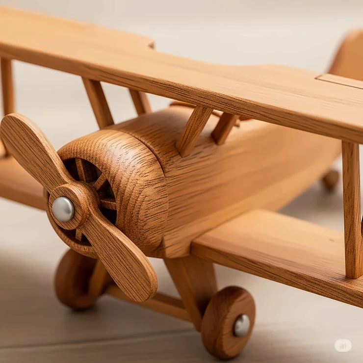 Close-up of a meticulously detailed wooden biplane toy, highlighting its smooth, sanded finish and the simple, classic design.