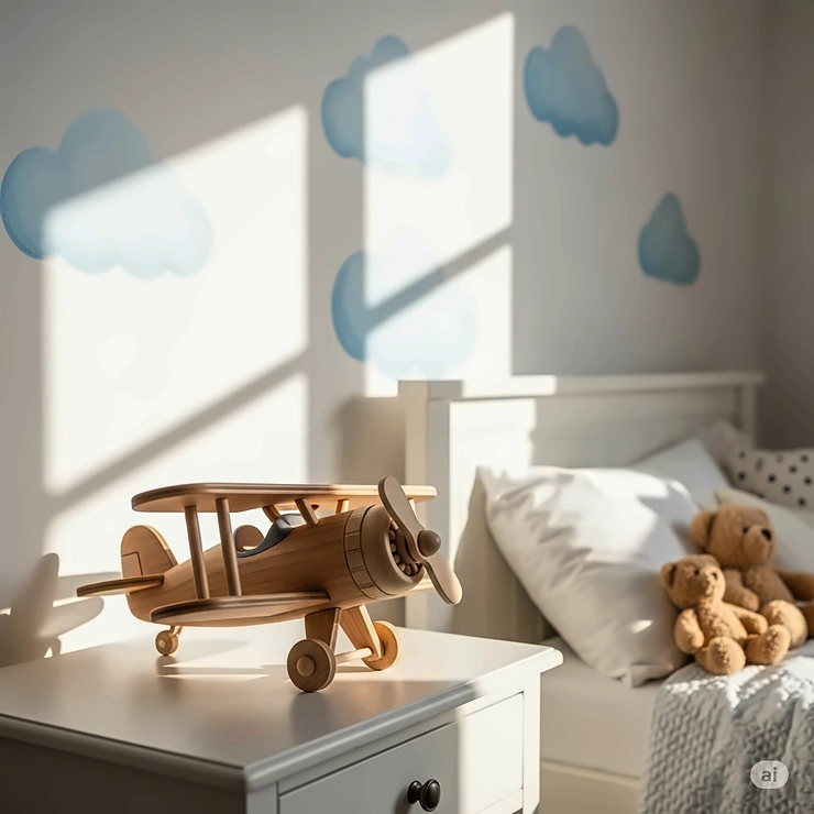 A charming wooden toy airplane resting on a bedside table in a child's bright and cozy bedroom, suggesting a peaceful play environment.