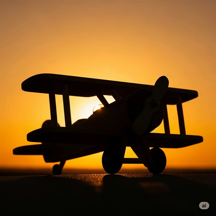 A striking silhouette of a wooden toy airplane against a warm, orange sunset, evoking a sense of adventure and nostalgia.
