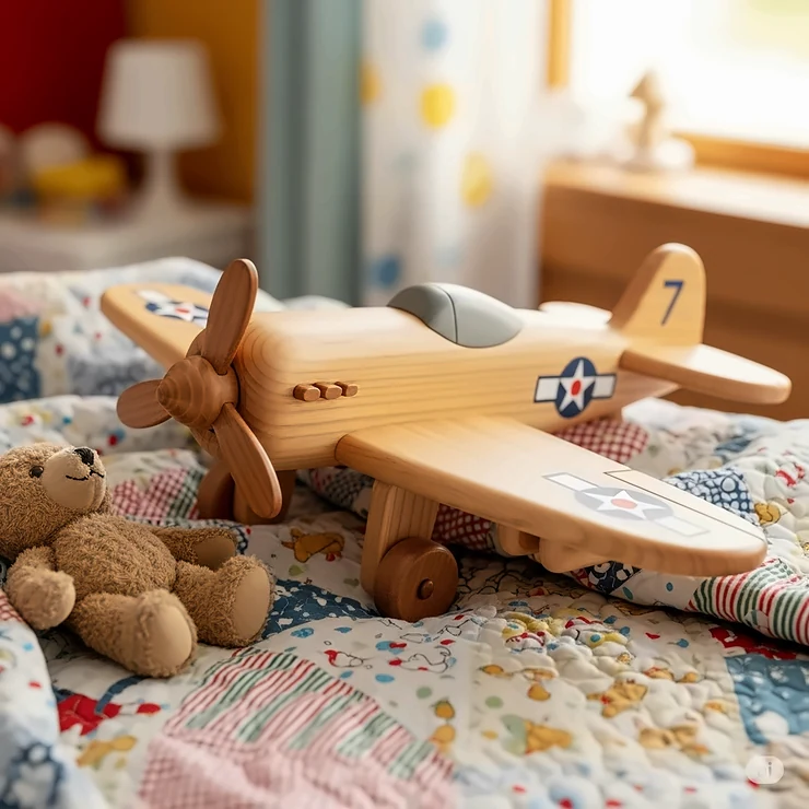 A beautifully handcrafted wooden toy fighter plane with smooth, rounded edges and a propeller, resting on a child's bed.