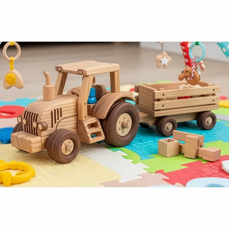 Handcrafted wooden tractor toy with a detachable wooden trailer, designed for toddlers, on a soft playmat.