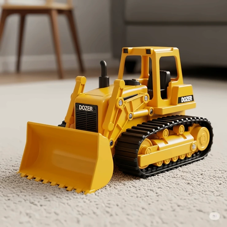 A vibrant yellow dozer toy, perfect for imaginative play, on a soft carpet, highlighting its detailed design and sturdy construction.
