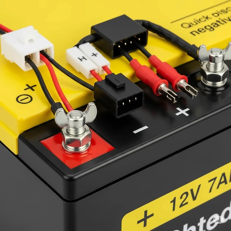 A detailed view of the various connectors and terminals on a 12v battery for a ride-on toy, highlighting the different types.