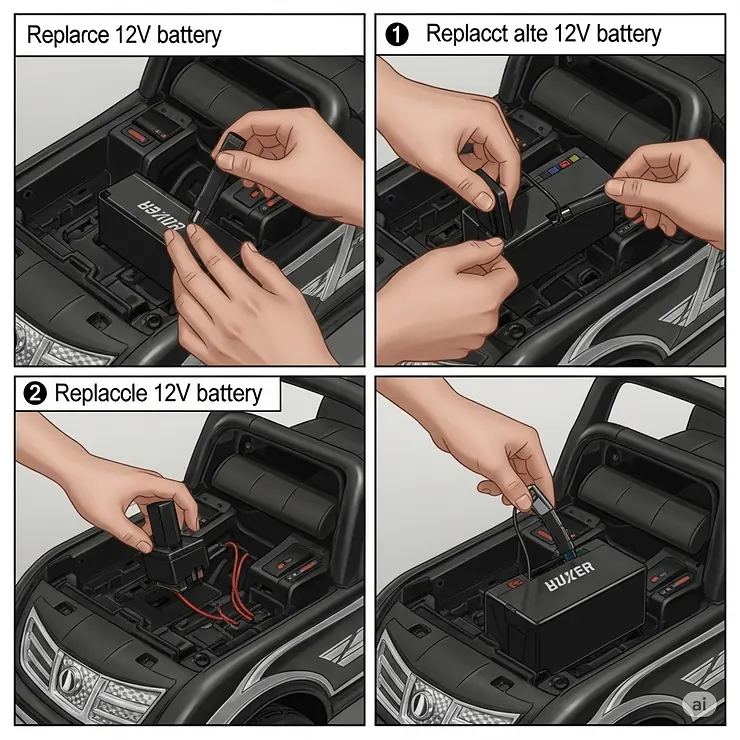 A step-by-step guide showing the process of replacing an old 12v battery with a new one in a child's electric ride-on toy.