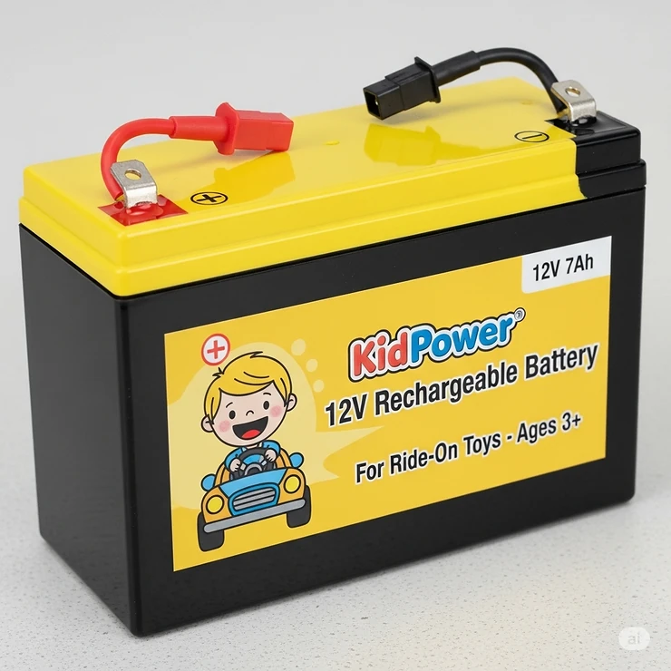 A close-up shot of a 12v battery specifically designed for children's ride-on toys, with clear labels and connectors.