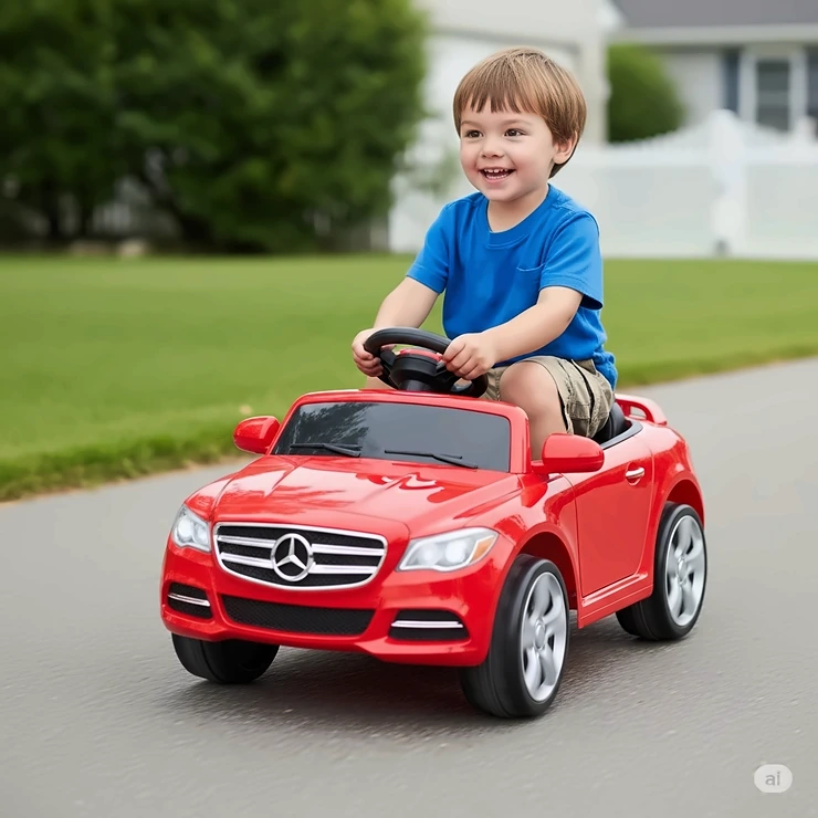 A young child happily driving a 12V ride-on toy car, demonstrating its typical speed and suitability for beginners.