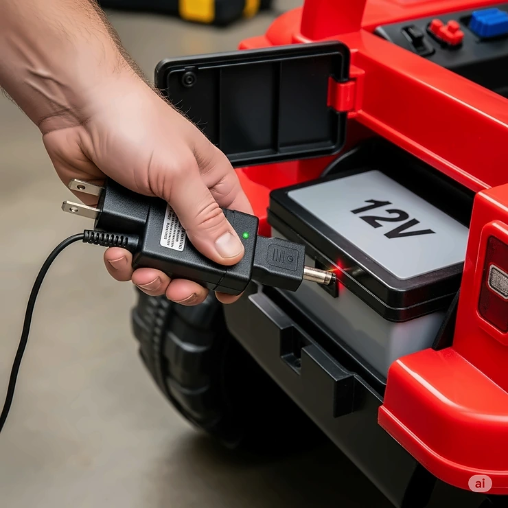 A hand plugging a charger into the battery of a 12V ride-on toy, illustrating the charging process and typical battery size.