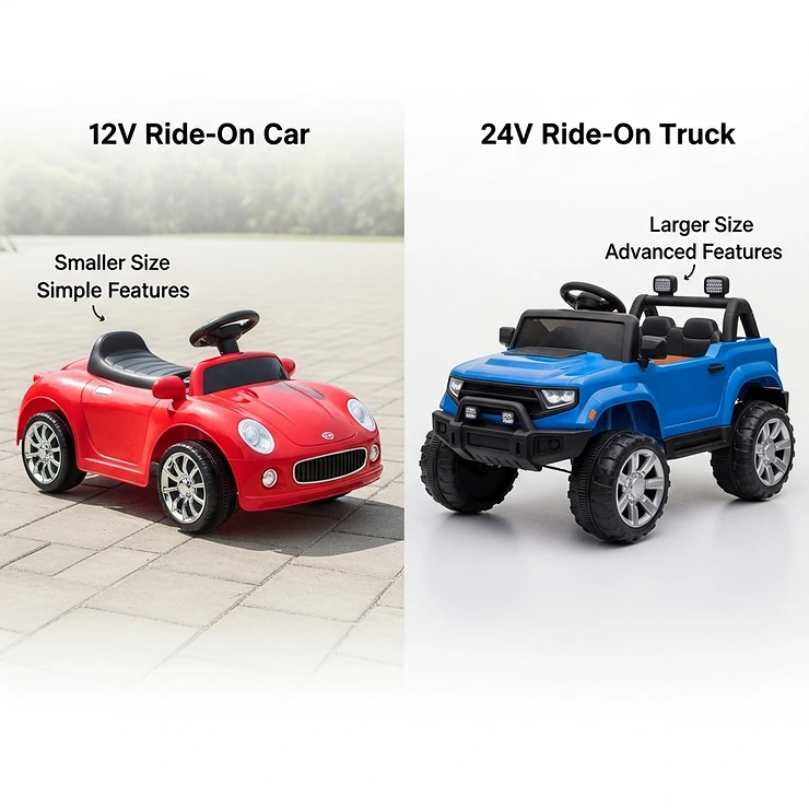 A side-by-side comparison of a red 12V ride-on toy car and a blue 24V ride-on toy truck, highlighting the differences in size and features for kids. 12v vs 24v ride on toys