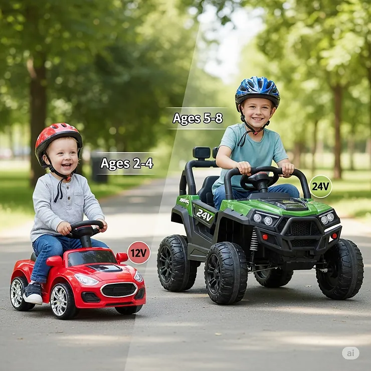 A visual showing two different children, one younger on a small 12V ride-on and an older child on a larger 24V ride-on toy, illustrating the recommended age ranges.