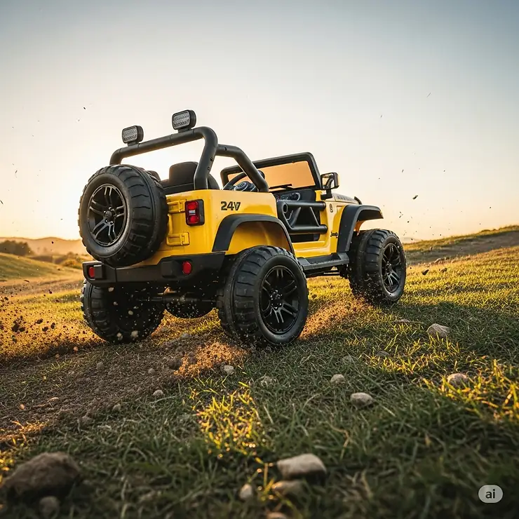 A 24V ride-on toy jeep with its wheels spinning on a grassy hill, showcasing its powerful motor and better performance on challenging terrains.