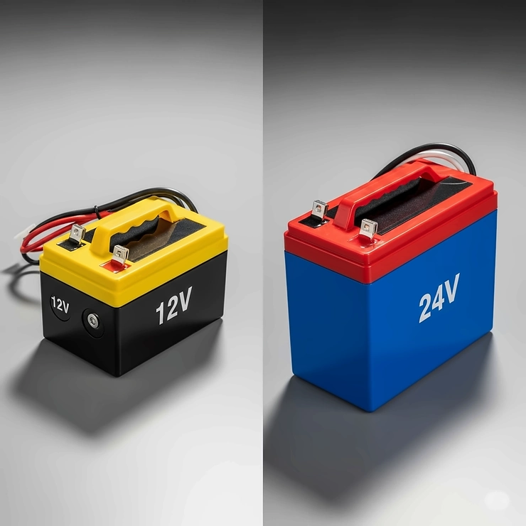 A comparison of two battery packs, one for a 12V ride-on toy and a larger one for a 24V model, highlighting the physical difference in power sources.