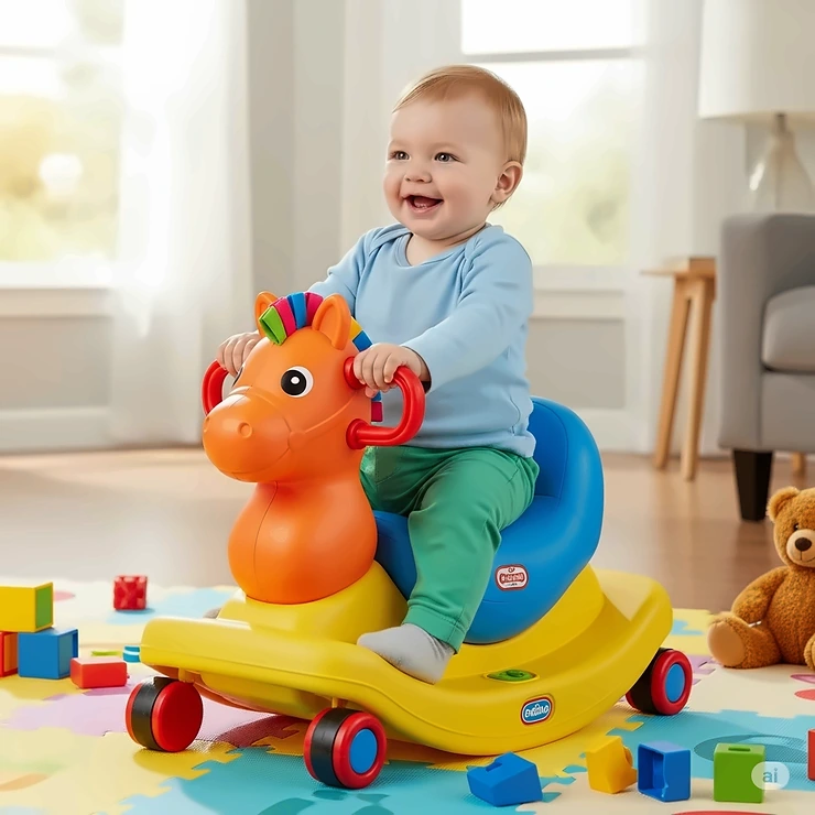 A versatile 3-in-1 ride-on toy, shown in its rocking horse mode, provides entertainment for a 1-year-old.