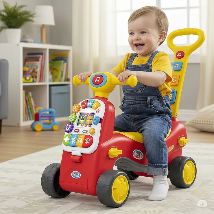 An interactive, multi-functional 3-in-1 ride-on toy that converts from a push walker to a sit-and-scoot toy.