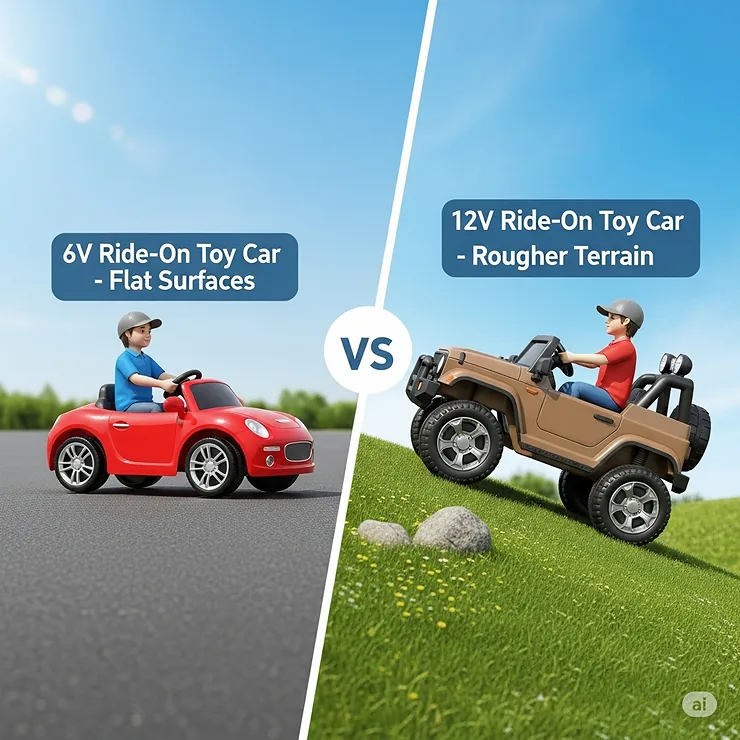 A graphic showing a 6V toy car on a flat surface and a 12V toy car driving on rougher terrain like grass or a slight incline.