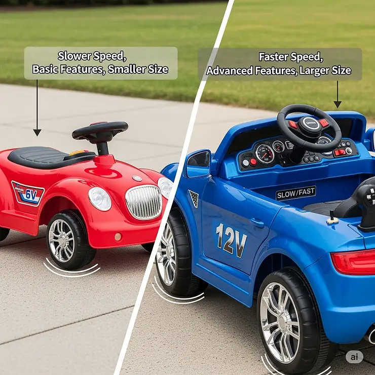 A side-by-side comparison of a red 6V ride-on car and a blue 12V ride-on car, highlighting the differences in speed, features, and size.