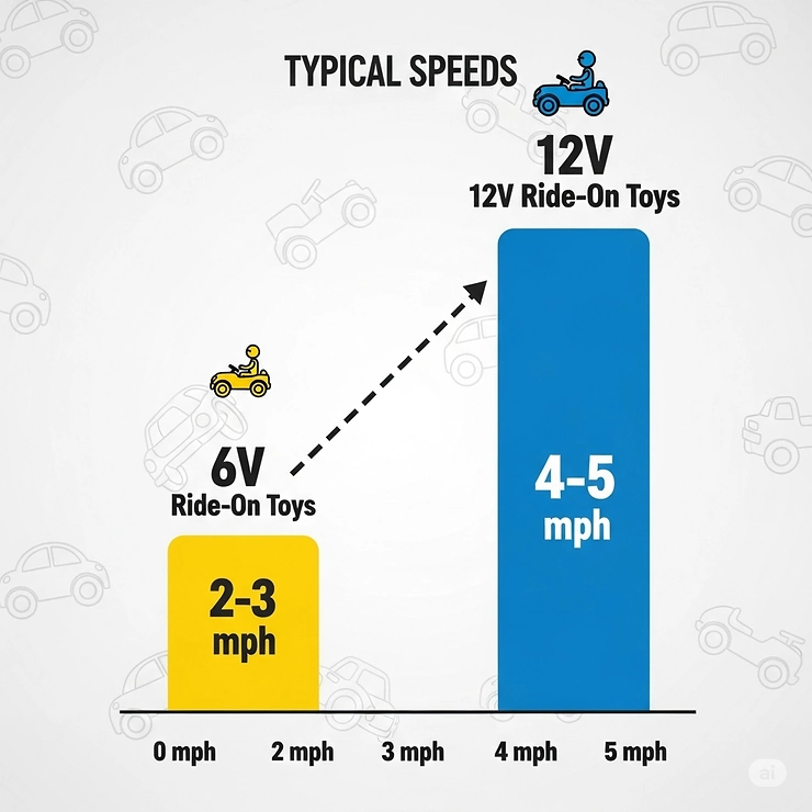 Infographic chart comparing the typical speeds of 6V ride-on toys (2-3 mph) to 12V ride-on toys (4-5 mph).