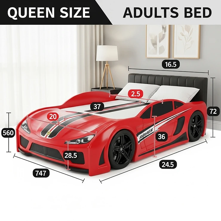 An illustration showing the precise dimensions of a queen-size adult race car bed to help customers measure their space.