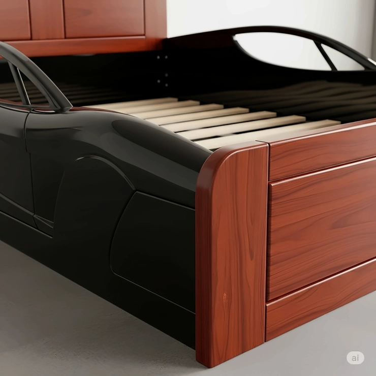 A detailed image highlighting the high-quality, durable ABS plastic and wooden frame materials used in constructing an adult race car bed.