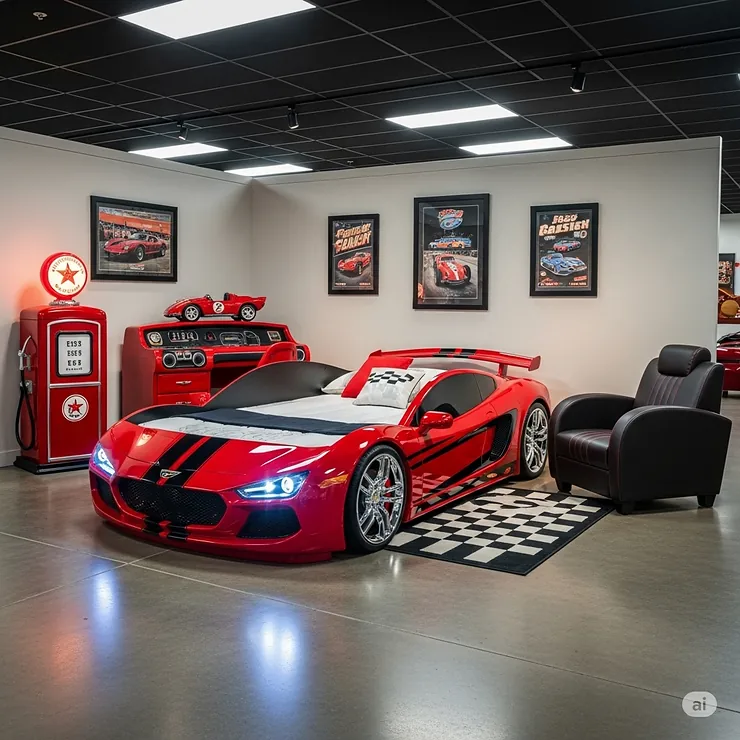 A professional photo of an adult race car bed in a showroom, displayed with matching car-themed furniture and decor.