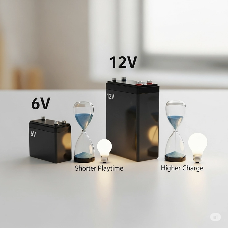 A visual representation of a smaller 6V battery and a larger 12V battery, illustrating the difference in charge and playtime.
