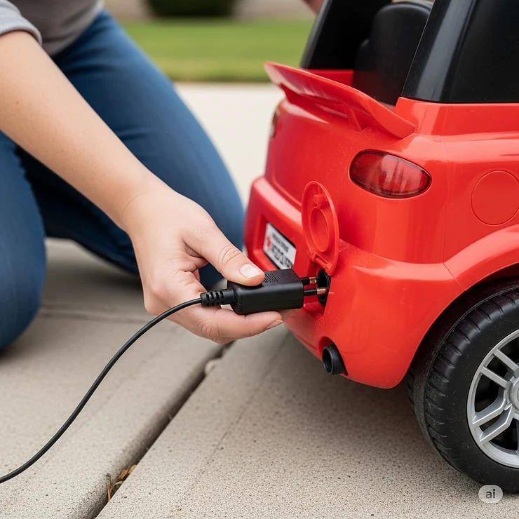 A parent plugging in the charger to a port on a battery-powered kids' car, showing how the toy is recharged.