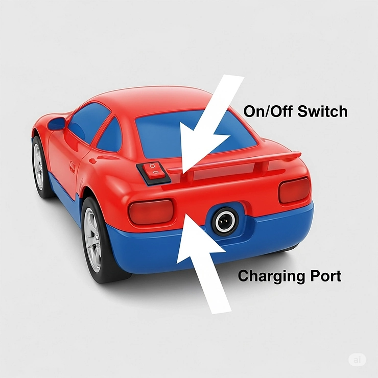An illustration showing a basic remote control car model with an arrow pointing to the on/off switch and another arrow to the charging port, highlighting its user-friendly features.