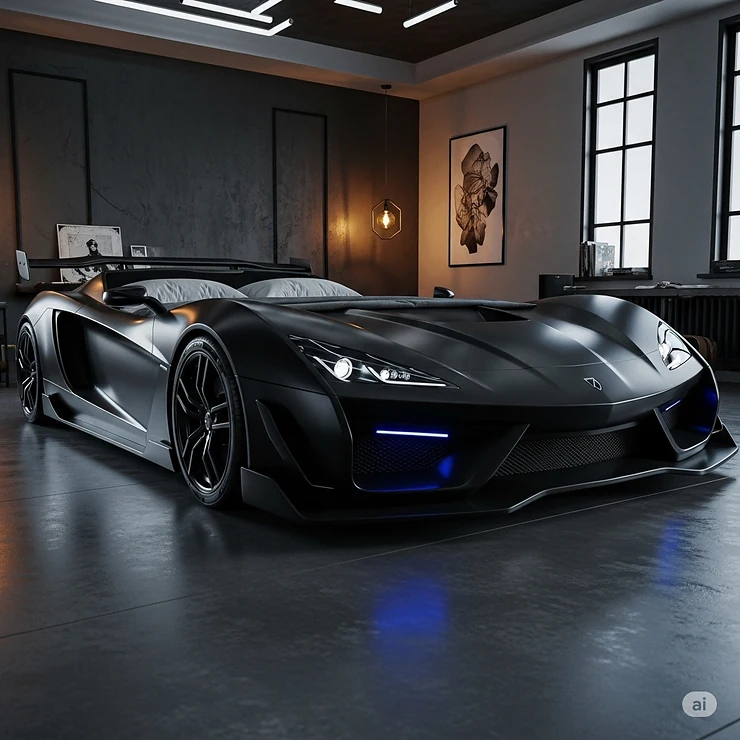 A dynamic image of a black sports car-style bed, highlighting its aggressive design and low-profile frame for a cool, masculine bedroom.