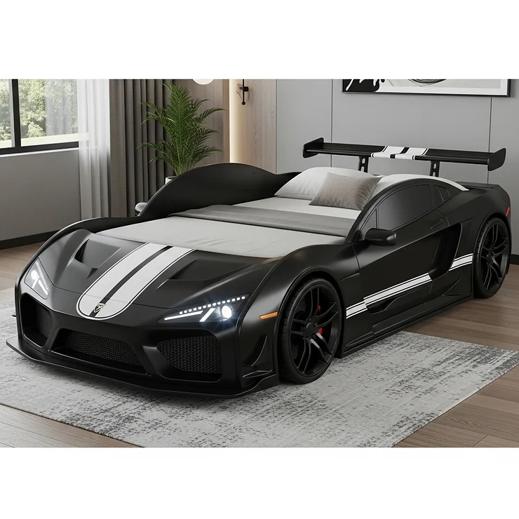 A modern black race car bed with a racing stripe, designed for teenagers or older children, showing how these beds can grow with your child.