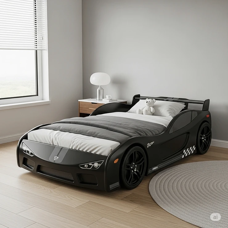 A stylish black toddler race car bed, a great option for a modern or more neutral-colored bedroom.
