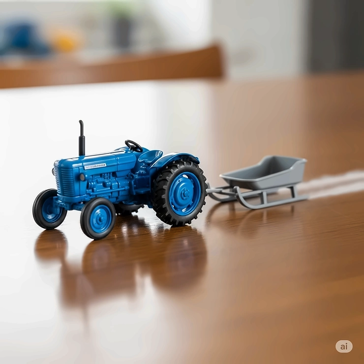 A blue diecast toy tractor pulling a small, gray plastic sled across a tabletop.