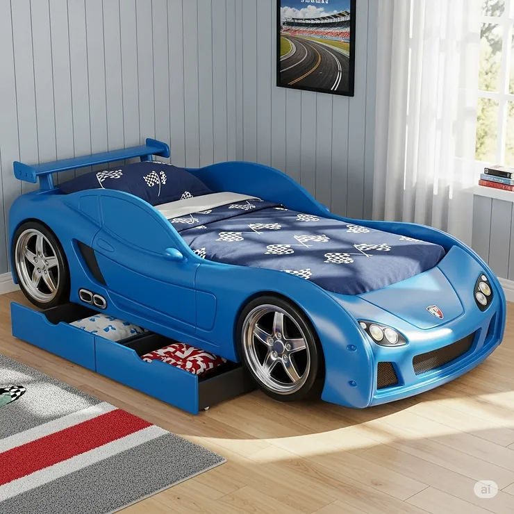 A vibrant blue race car bed with built-in storage drawers beneath the mattress, perfect for organizing toys, books, and bedding.