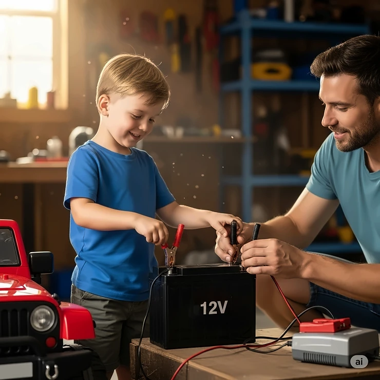 A young boy smiling as he helps his dad connect a 12v battery to the charger for his ride-on car.