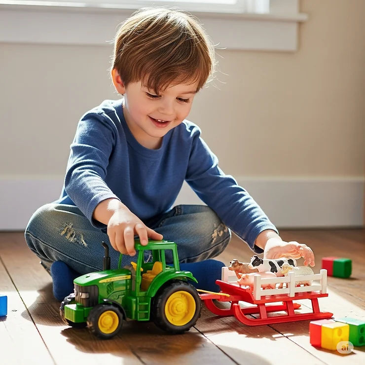 Young boy sitting on the floor, happily playing with his new toy farm tractor and pulling sled set.