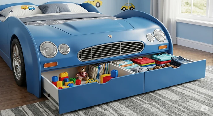 An image highlighting the practical storage drawers at the front of a blue car bed, perfect for organizing toys and clothes.