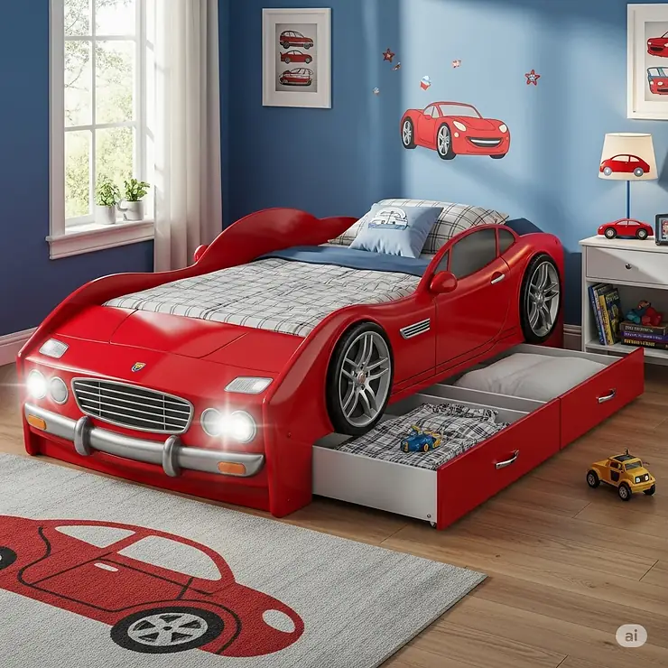 A boys' car bed that includes built-in storage drawers, ideal for organizing toys and bedding.
