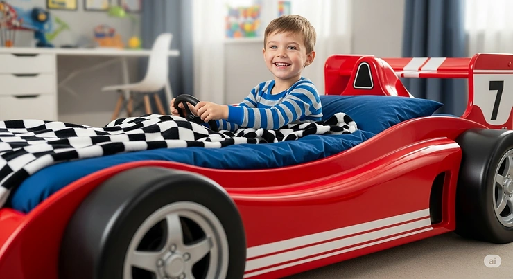 A young boy smiles happily in his race car-shaped bed, which features realistic wheels and a vibrant red finish.