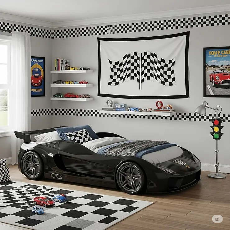 A boy's bedroom featuring a black racing car bed as the centerpiece, complemented by checkered flag decor and other car-themed accessories.
