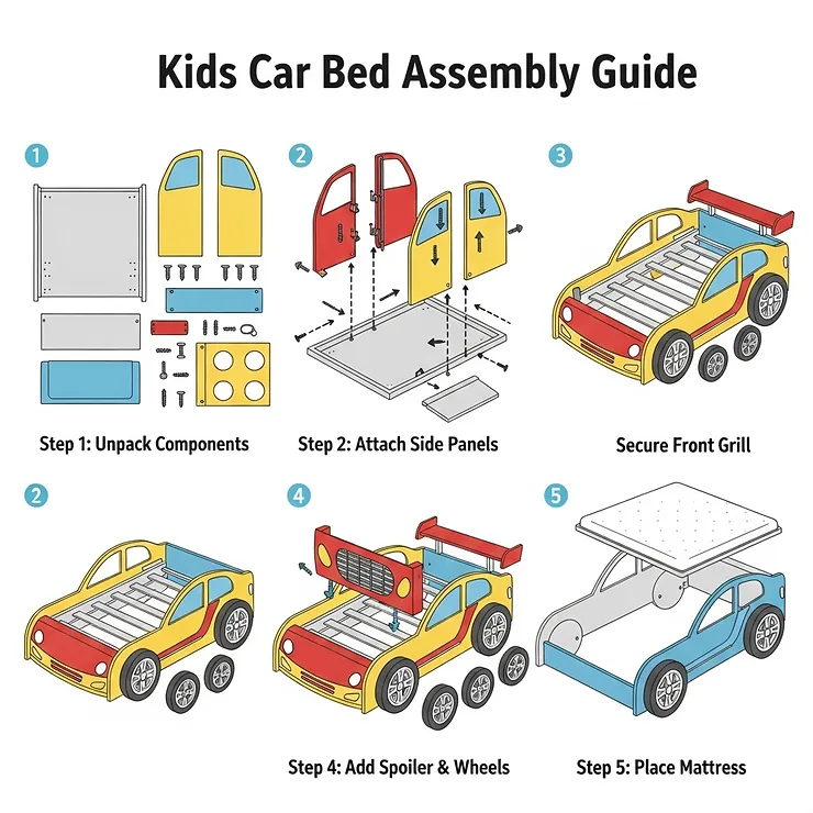 A diagram illustrating the easy-to-follow assembly steps for a kids' car bed.