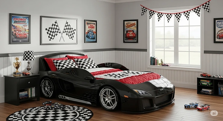 A full view of a boy's bedroom with a black sports car bed as the centerpiece, complemented by checkered flag decor.