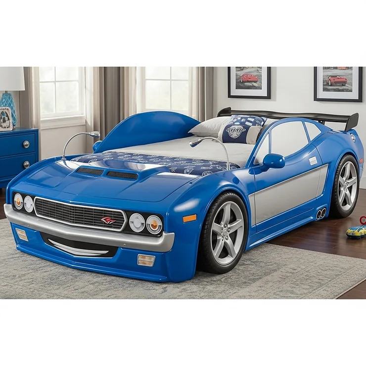 A blue and silver car bed for boys, designed to look like a classic muscle car, complete with large tires and a spoiler.