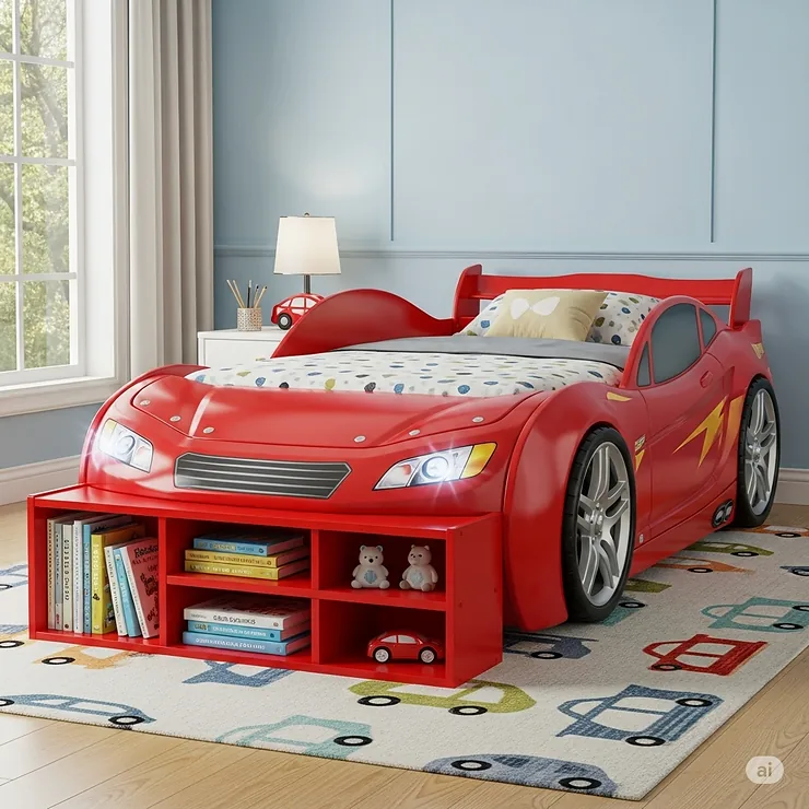 A kids car bed that incorporates a functional bookcase at the foot of the bed, combining sleep and storage.
